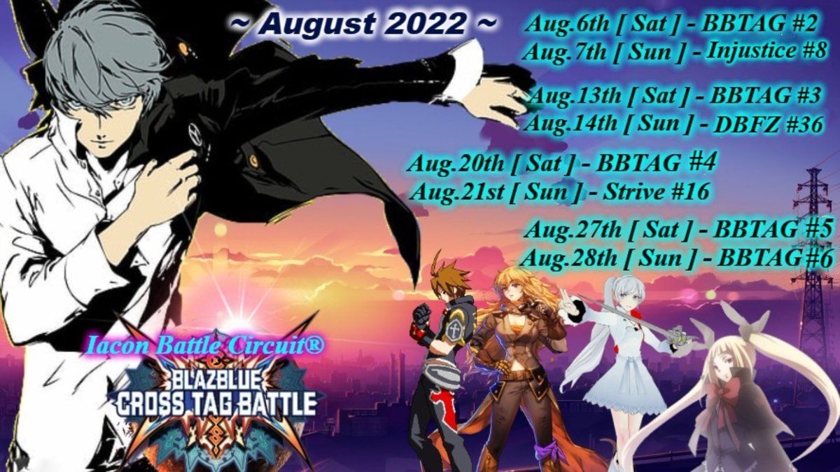 My official August PSN Calendar. you can also "!calendar" on stream &amp; you'll be brought here

- Blaze Blue Tag focus point
- I.B.C reworked around EVO 2022 launch, all main games shifted to Sunday
- Matcherino focused to the BBTAG Entries

#IaconBattleCircuit #FGC #BBTAG