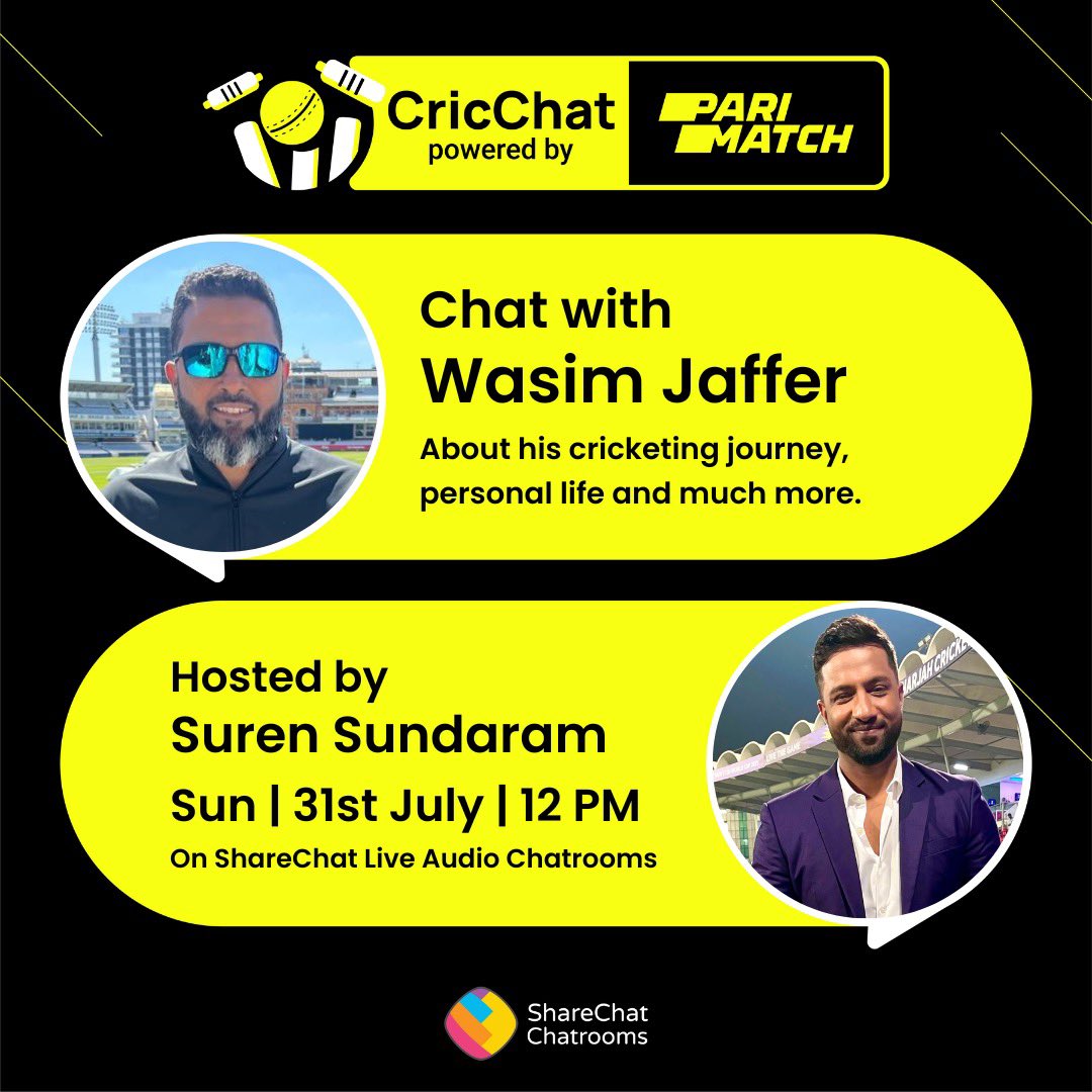 Our special guest and host, @WasimJaffer14 and #SurenSundaram will be joining us live on ShareChat Chatrooms of CricChat Powered by @ParimatchIndia. Catch them on 31st July, 12 PM. Download the app and head to: bit.ly/CricChat #BaaziJeetKi #ParimatchIndia
