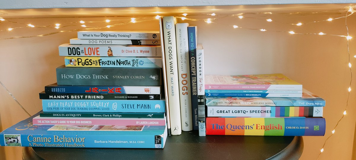 DogAndBean's tweet photo. We have a small but growing library of dog literature and queer literature. I can especially recommend Wain (by @smaychel ) for queer lit, and Canine Behaviour for dog lit. https://t.co/mbFudmSWhF