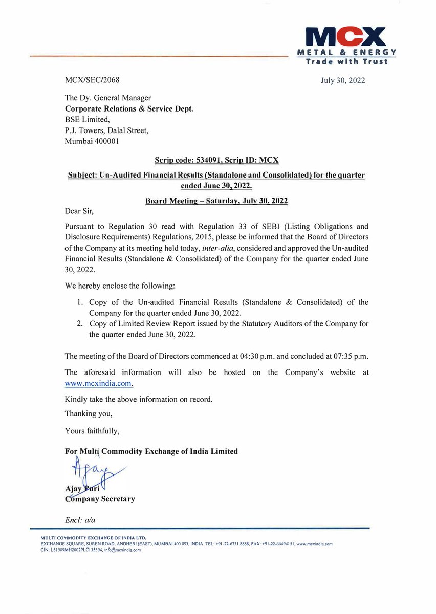 MarketUpdates6's tweet photo. MULTI COMMODITY EXCHANGE OF INDIA LTD. - 534091 - Financial Results For Quarter Ended June 30, 2022. Full Details : https://t.co/2UVIoD6Iew https://t.co/odjcRFs85X