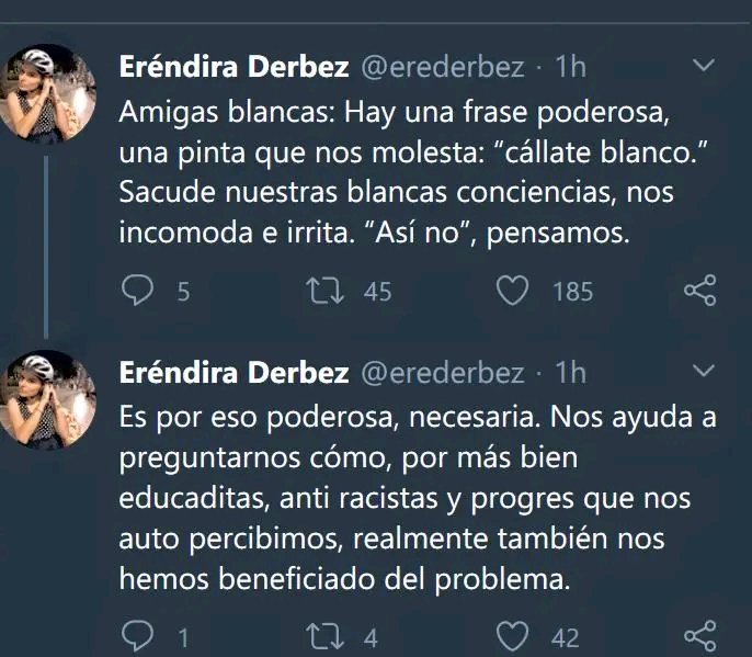 <a href="/gadelagarza/">Gabriela De la Garza</a> Le dejo un pienso de una mujer blanca, tal vez a ella si la respeta <a href="/erederbez/">Gusto Adquirido</a>