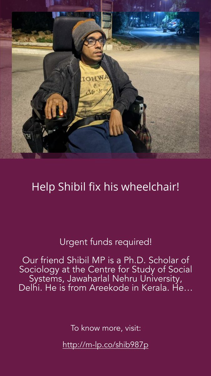 meganthroy's tweet photo. Kindly help our friend Shibil get his wheelchair fixed. (1/n)

These are his account details:
A/c no. - 20346877310
IFSC - SBIN0010441
Branch - SBI, JNU New Campus, New Delhi 
Google Pay number - 9995710775

#Disability #DisabilityTwitter #Aid #Fundraising #Help https://t.co/KT3cKcQbGi