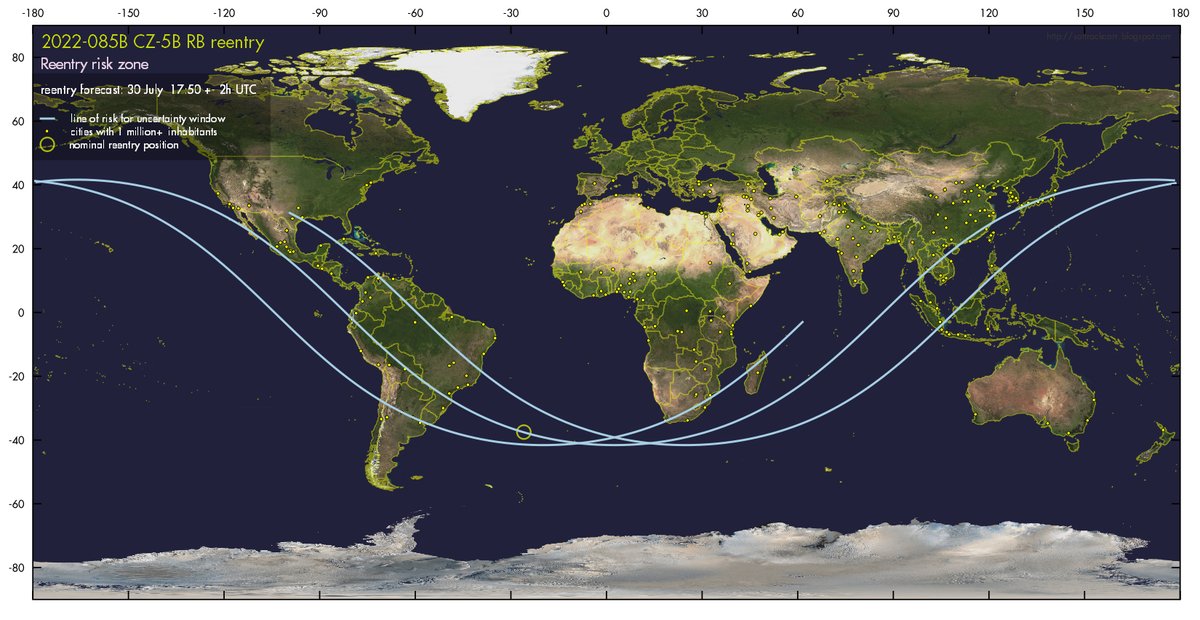 2/2
Map of current risk area: within the uncertainty window of the forecast, the rocket stage can come down anywhere on the blue line in the map.