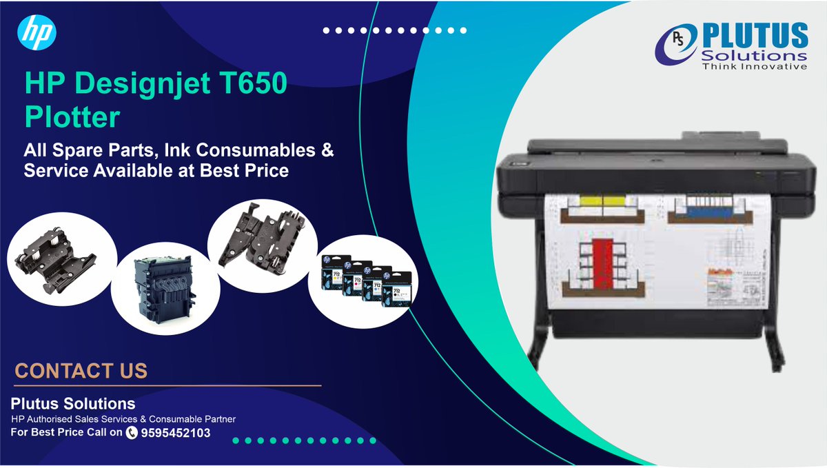 PlutusSolution's tweet image. HP Designjet T650 Printer / Plotter 
All spare parts , Ink Consumables and Ink available at best price. For  more details please call us on 9595452103.
#inkcartridges #hpinkjetplotter #HPdesignjetPlotter #GISPrinting  #hpprinter #HPPrinterSpareParts #spareparts