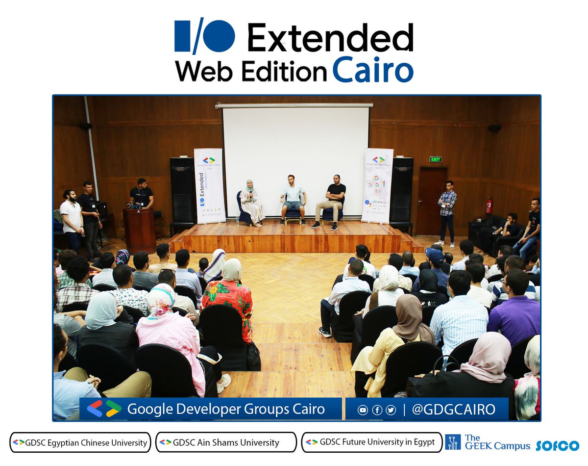 GDGCairo's tweet image. #Google_IO_Extended_Web_Edition_22_Cairo
Islam Diaa,Nouran Mahmoud and Amr Attia now on stage to tell us about Developer Behaviour and actions
Islam is an Engineering Manager-Python at Outliant
Nouran is Senior Frontend Engineer at DAZN
and Amr is Mobile Development Lead at Axis