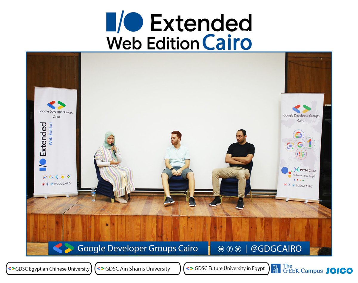 GDGCairo's tweet image. #Google_IO_Extended_Web_Edition_22_Cairo
Islam Diaa,Nouran Mahmoud and Amr Attia now on stage to tell us about Developer Behaviour and actions
Islam is an Engineering Manager-Python at Outliant
Nouran is Senior Frontend Engineer at DAZN
and Amr is Mobile Development Lead at Axis