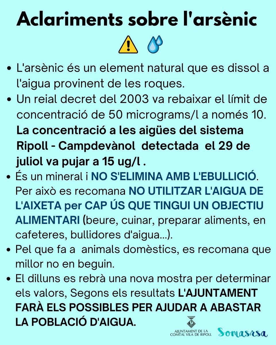 Ajuntament de Ripoll (@aj_ripoll) on Twitter photo ‼️ 𝗔𝗧𝗘𝗡𝗖𝗜𝗢́: aclariments sobre l’arsènic‼️
👇👇🏻👇🏼 ‼️ 𝗔𝗧𝗘𝗡𝗖𝗜𝗢́: aclariments sobre l’arsènic‼️
👇👇🏻👇🏼