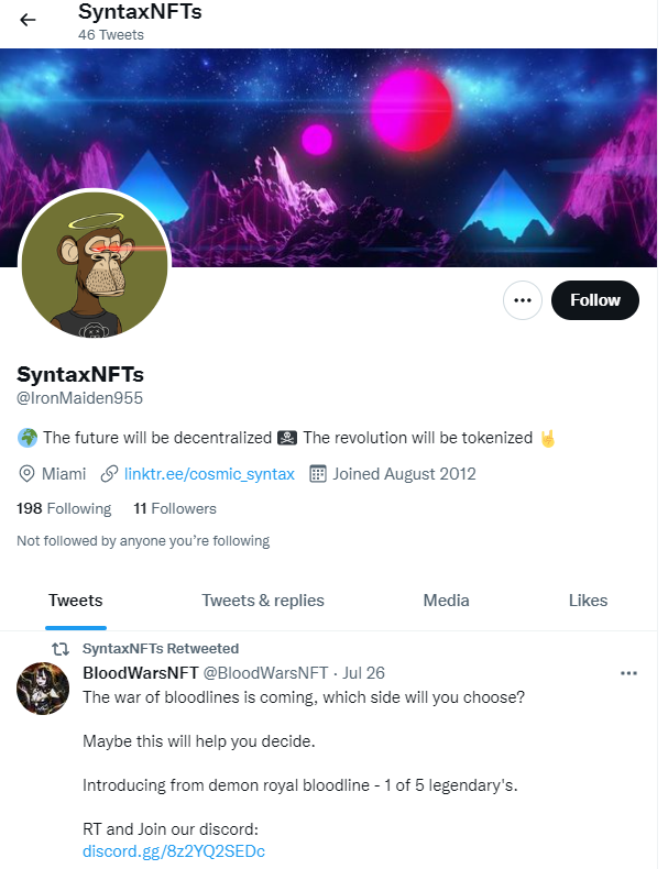 Cosmic_Syntax's tweet photo. @IronMaiden955   
This is a warning!!!
My friends must be aware!
This guy is impersonating me on Twitter and he's copied all my information, even the link tree!
Please help me and go report him! https://t.co/az10qEZpfM