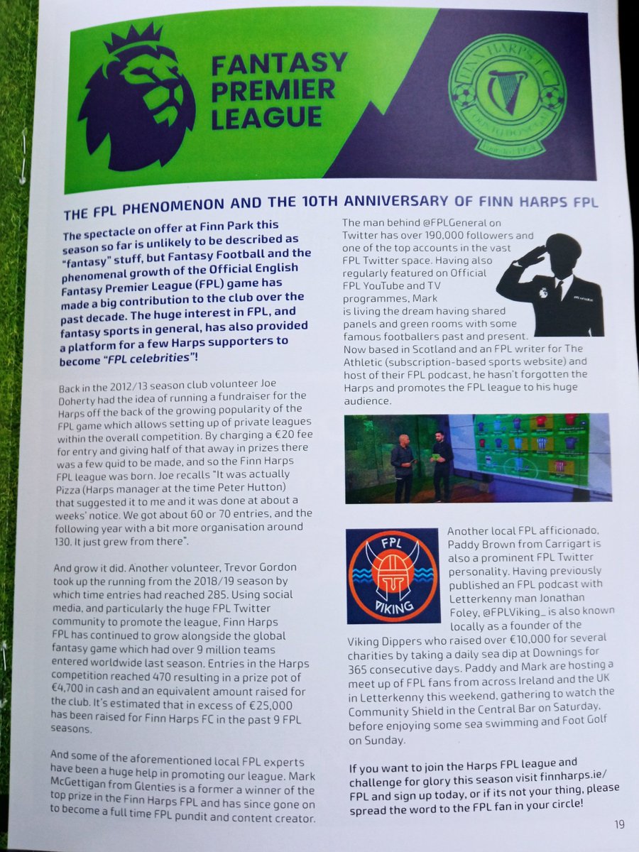 finnharpsFPL's tweet photo. Finn Harps FPL, some Donegal FPL heroes &amp; this weekend's Irish FPL Meet featured in last night's @FinnHarpsFC match program.

It's also #CommunityShield2022 day, so we're gonna give away 2 free entries (worth €20) to our cash league. 

Retweet this &amp; follow us to be in the draw. https://t.co/2GI5QJyOIQ