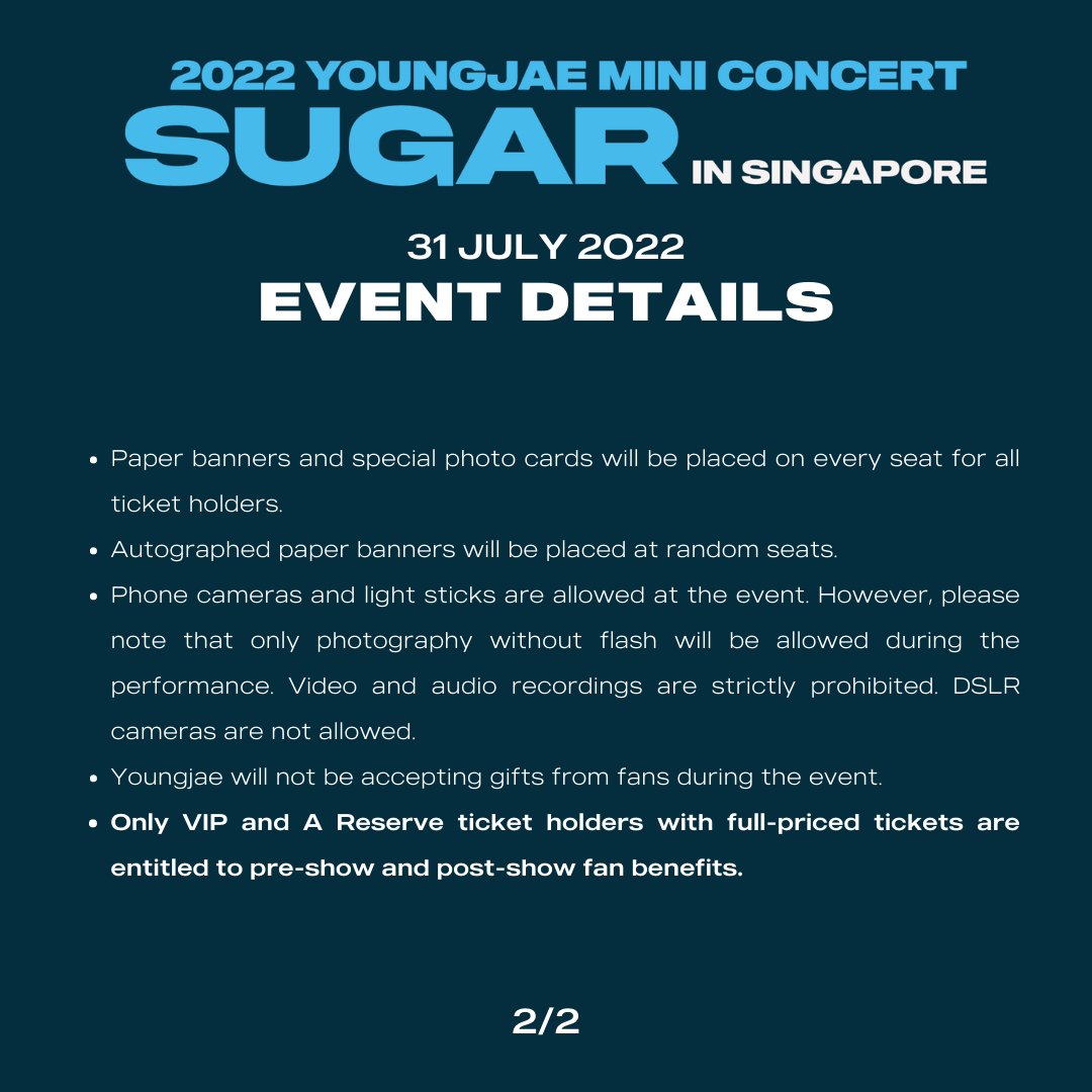 📢 All ticket holders, please take note! 👉 Only VIP and A Reserve ticket holders with full-priced tickets are entitled to pre-show and post-show fan benefits. See you tomorrow! 💚 @YOUNGJAExArs @GOTYJ_Ars_Vita #2022YOUNGJAE_MINICON_SG