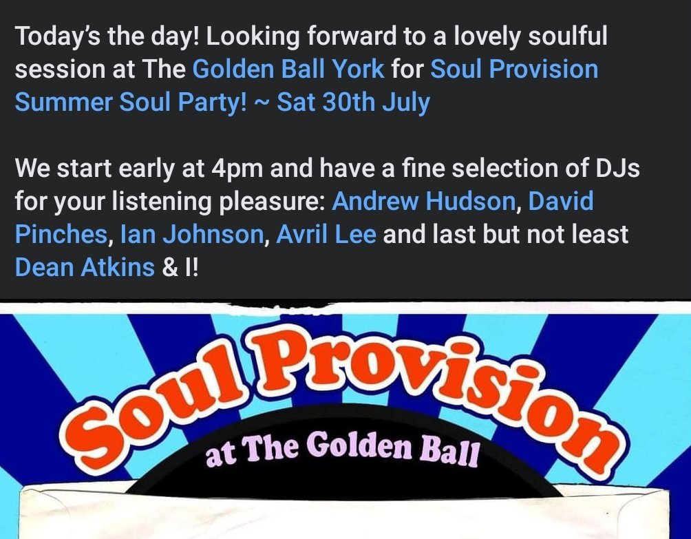 SoulProvision's tweet image. Featuring a fine selection of ales, music and soulful soul spinners, get yourself to the @GoldenBallYork this afternoon from 4PM!

#SoulfulMusic #SaturdayVibes #York #Soul