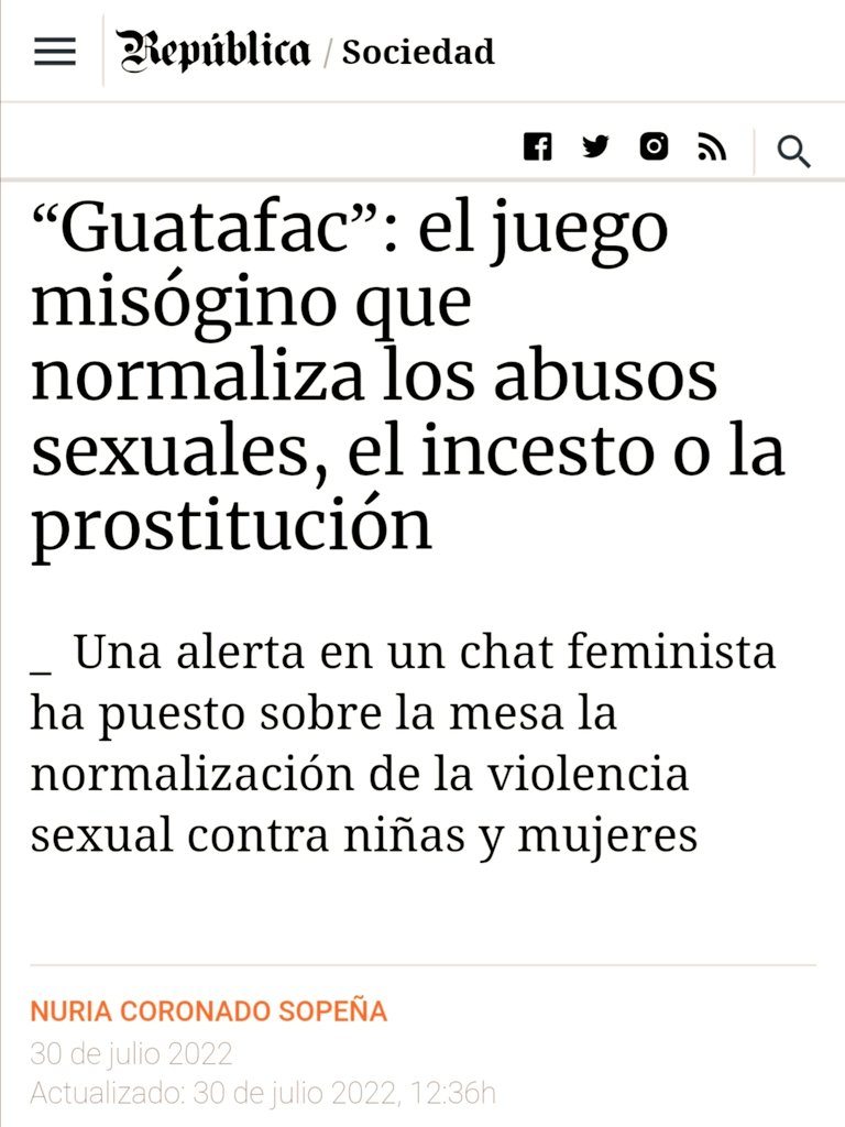 NuriaCSopena's tweet photo. ⛔"Cita 3 razones para prostituir a tu abuelita, jugar con tu prima a los médicos o métodos anticonceptivos tan efectivos como un bukake".
➡️Así es #Guatafac el juego misógino que salvo al feminismo a nadie parece molestarle.
Lo cuento en @Republica_com
https://t.co/nEx60eK2Hx https://t.co/NRFYVpQwY4