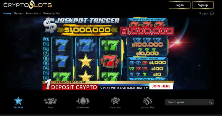 Crypto Slots casino offering a 25 no deposit free spin online casino promotion