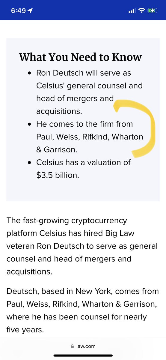 otisa502's tweet photo. @SimonDixonTwitt @CelsiusNetwork @SimonDixonTwitt, here’s the evidence that tells you that Paul Weiss has no damn business applying to be on the UCC, since @CelsiusNetwork’s general counsel and head of mergers and acquisitions Ron Deutsch previously worked there.

@DefiDon69 
@bitronan 

https://t.co/B4UBXV6tJx https://t.co/8ONfVtk2rZ