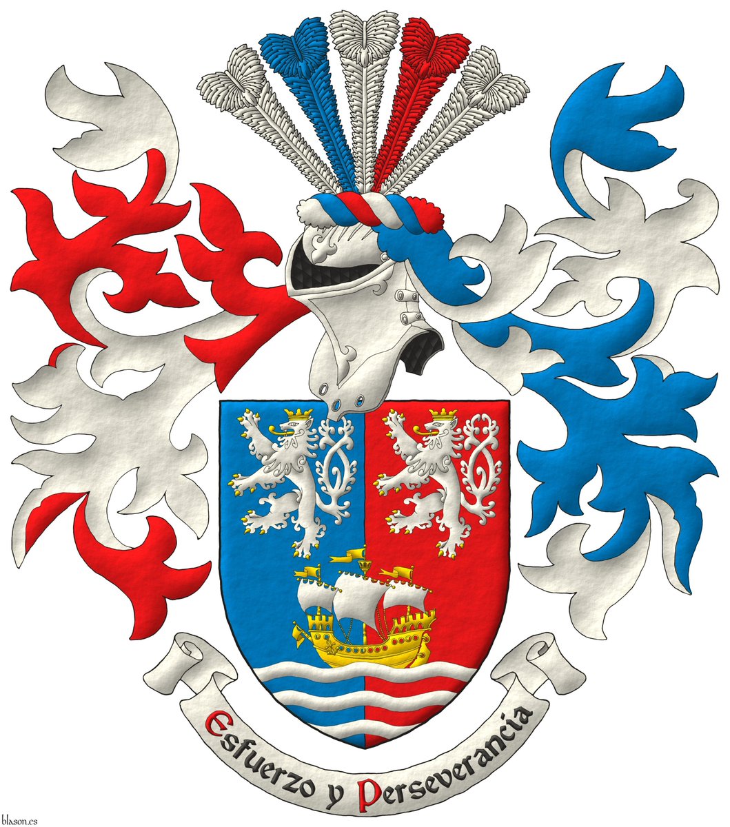 ntoniosalmeron's tweet photo. Coat of arms of Milos Dukat's family (Czechia and Basque Country) designed by them and me and emblazoned by me.
#Party per pale #Overall #Lion #Rampant #Double #Queued #Armed #Langued #Crowned #In base #Wave #Sea #Ship #Full sail #Crest #Upon #Helm #Wreath #Ostrich feathers https://t.co/8moh9MwWSR
