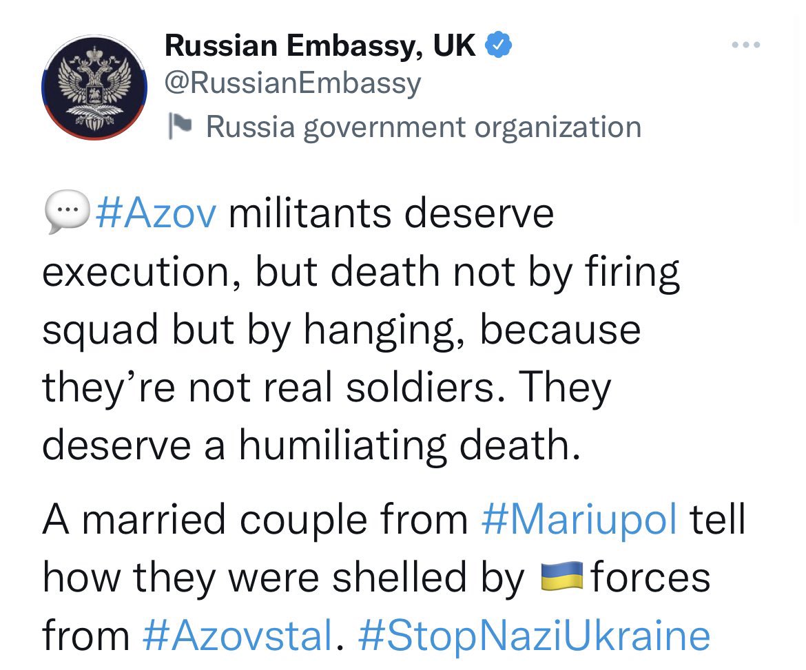 OlehNikolenko_'s tweet photo. Read this when they tell you Russia must not be isolated. 

There is no difference between Russian diplomats calling for execution of Ukrainian prisoners of war and Russian troops doing it in Olenivka. 

They are all ACCOMPLICES in these war crimes and must be held accountable. https://t.co/6TMlh4uD5b