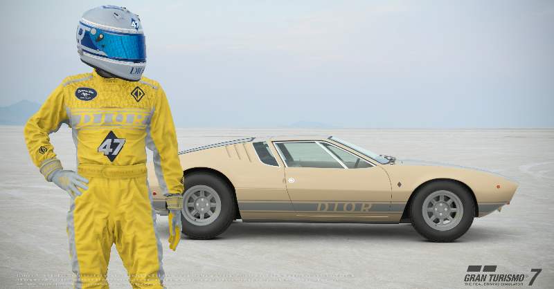 Dior's tweet photo. We are happy to announce our new collaboration with @PlayStation for @TheGranTurismo 7. A virtual capsule designed by Kim Jones takes the hallmarks of racing with the icons of the House to create ground-breaking skins and a customized vintage car, the De Tomaso Mangusta.
#DiorGT7