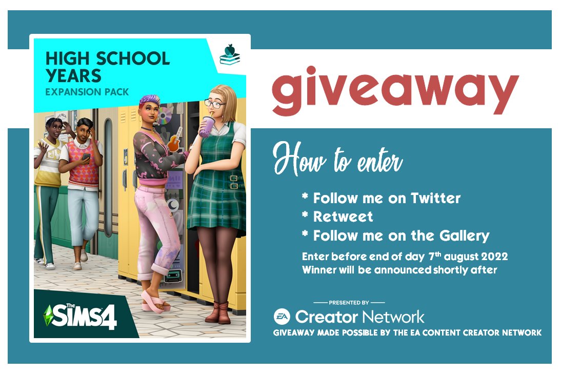 Thanks to the #EACreatorNetwork, I am able to give away a free copy of <a href="/TheSims/">The Sims</a> expansion pack: 

HIGH SCHOOL YEARS 

See how to enter below. Good luck, everyone!!! 

#TheSims4HighSchoolYears #TheSims4 #Giveaway
