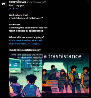 MSTRVLDZ's tweet photo. Captain came across this flyer today what should we do? #Trashwars #trashart #teztrash
A) Seek out la tráshistance Cell A (Collect)
B) Report to the authorites and (Burn)
C) Find some Chimken then sniff out more (Learn)
Whose side are you on anyways???
https://t.co/ixfGzBRSnW https://t.co/fjfANRmVj2