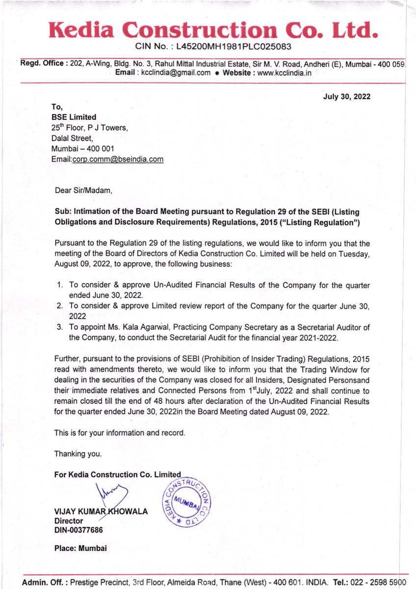 KEDIA CONSTRUCTION CO.LTD. - 508993 - Board Meeting Intimation for Intimation Of The Board Meeting Pursuant To Regulation 29 Of The SEBI (Listing Obligations And Disclosure Requirements) Regulations,