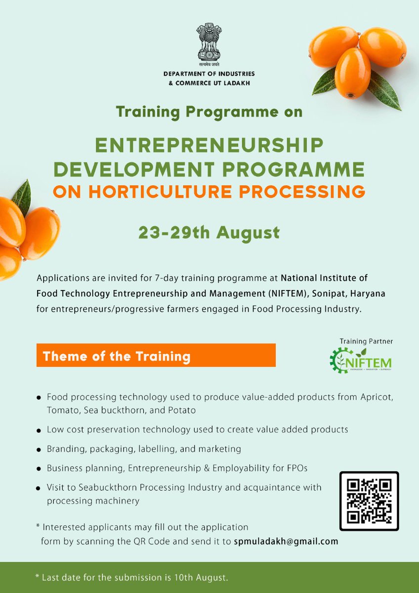 DvCom_Secretary's tweet photo. Dept. of Industries &amp; Com, Ladakh invites applications for training workshops at IHBT-CSIR, Palampur &amp; NIFTEM Sonepat for entrepreneurs in Food Processing from Ladakh

Interested candidates may apply on the links in the advts. below

@DIPR_Leh @DIPR_Kargil @lg_ladakh @PMFMEScheme https://t.co/aKlvaNweA6