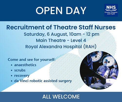 NHS Greater Glasgow and Clyde (@nhsggc) on Twitter photo OPEN DAY - Theatre Staff Nurses
Meet our team and take a tour of our facilities.
There are 9 operating rooms, a 12-bed recovery room, an anaesthetic service on the unit and much more.
We'd love to have you along! See for yourself!
<a href="/NHSGGC/">NHS Greater Glasgow and Clyde</a> #RAH OPEN DAY - Theatre Staff Nurses
Meet our team and take a tour of our facilities.
There are 9 operating rooms, a 12-bed recovery room, an anaesthetic service on the unit and much more.
We'd love to have you along! See for yourself!
<a href="/NHSGGC/">NHS Greater Glasgow and Clyde</a> #RAH
