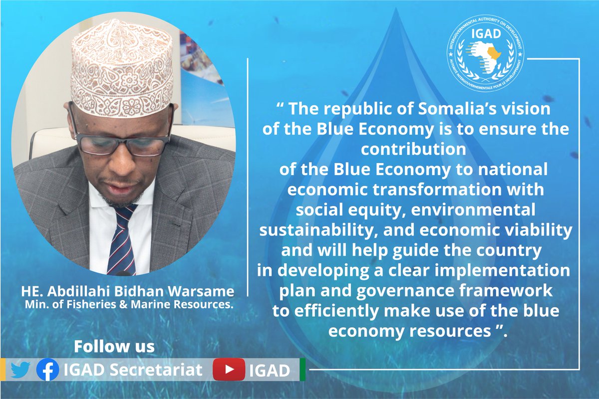 IGADsecretariat's tweet photo. 1/2 HE. Abdillahi Bidhan Warsame Minister of Fisheries &amp; Marine Resources of the Federal Republic of #Somalia officially opens the #IGAD Member States National #BlueEconomy Strategy Development Training in #Mogadishu.

🇩🇯🇪🇹🇰🇪🇸🇴🇸🇸🇸🇩🇺🇬
@SweinEthiopia
@ecofish_program
@comesa_lusaka https://t.co/gh7fXVuWKa
