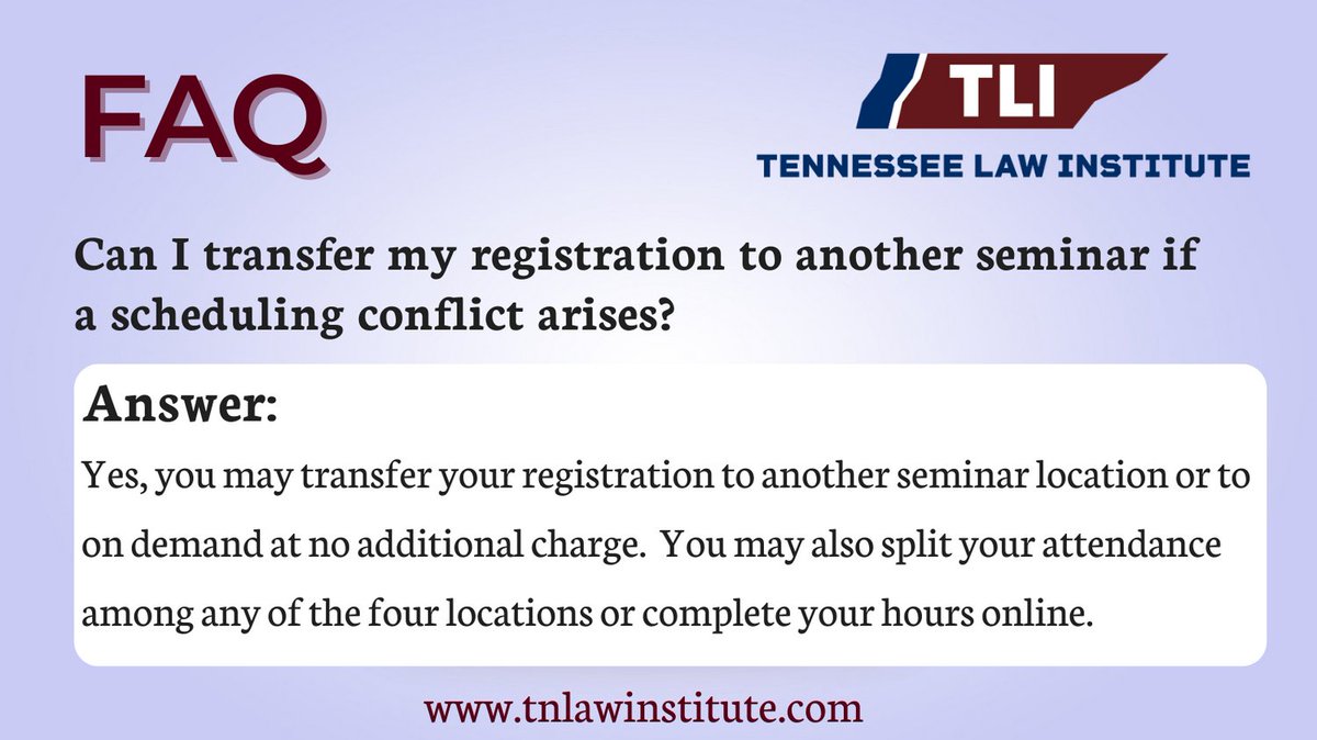 tnlawinstitute's tweet photo. Reluctant to commit because of a busy and unpredictable schedule?  No worries--you can obtain your 2022 CLE hours in a combination of live seminars or online.   You don't have to miss TLI's Annual Review.  Go ahead and register today @ https://t.co/WKpGQ3PUU7. #CLE #TLI https://t.co/L4hvoArq9F