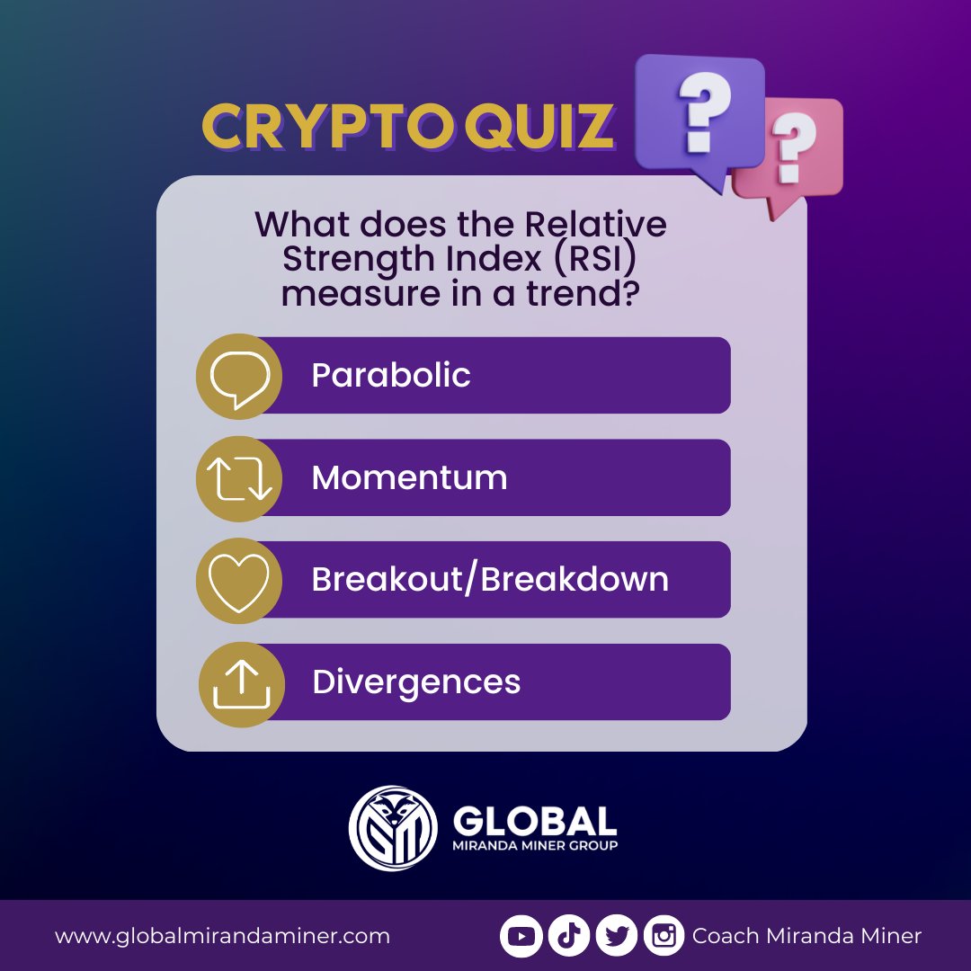 CoachMiranda's tweet photo. 📣HAPPY WEEKEND!! At dahil weekend ngayon, let us have a quiz:
"What does the Relative Strength Index (RSI) measure in a trend?"
React to this post with your answer, ka-miranda!
Comment, Retweet, Heart, or Share?
GAME? G!
#CryptoQuiz #CMMProfitableSystem https://t.co/5Rhw0RbiGO