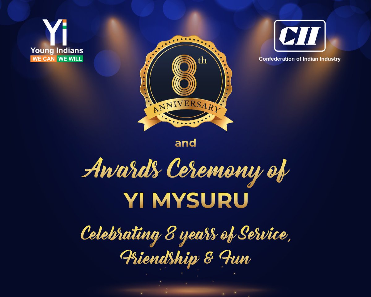 On the 30th of July Yi Mysuru is celebrating its 8th anniversary with an awards night showing appreciation to its members.

#YI #CII #YiMysuru #YoungIndians #India75 #8thanniversary #smallstepsbigchanges #servicefriendshipfun #awardsnight