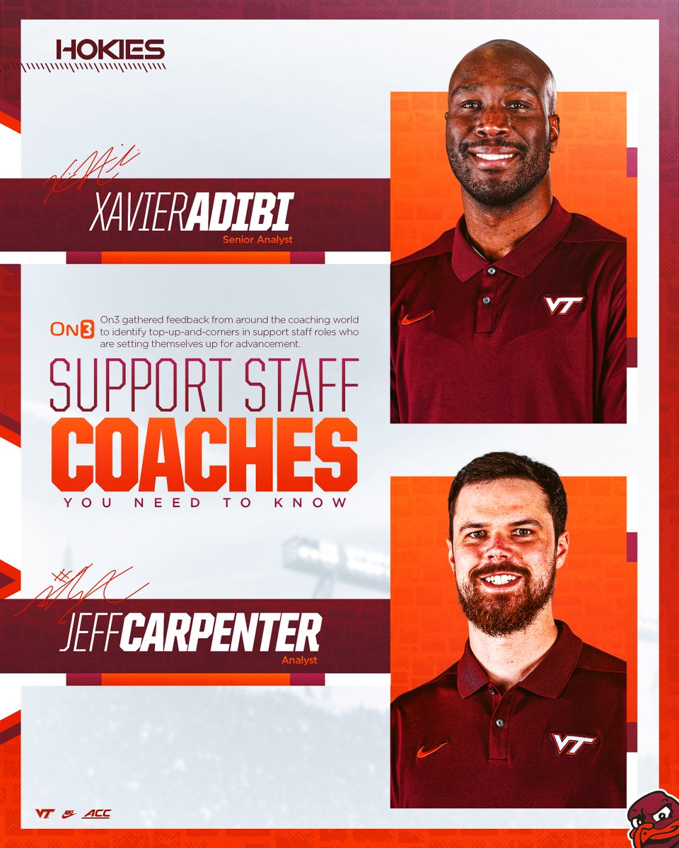 HokiesFB's tweet photo. Chris Marve (@Coach_Marve), Xavier Adibi (@Coach_Adibi) &amp; Jeff Carpenter (@_JeffCarp) named to prestigious up-and-comer lists 👏

📝» https://t.co/vwn185FLMj https://t.co/mEfD0122Ny