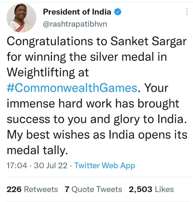 President Draupadi Murmu congratulates #SanketSargar for bagging Silver in #Weightlifting at #CWG2022

<a href="/birminghamcg22/">Birmingham 2022</a>
<a href="/rashtrapatibhvn/">President of India</a>