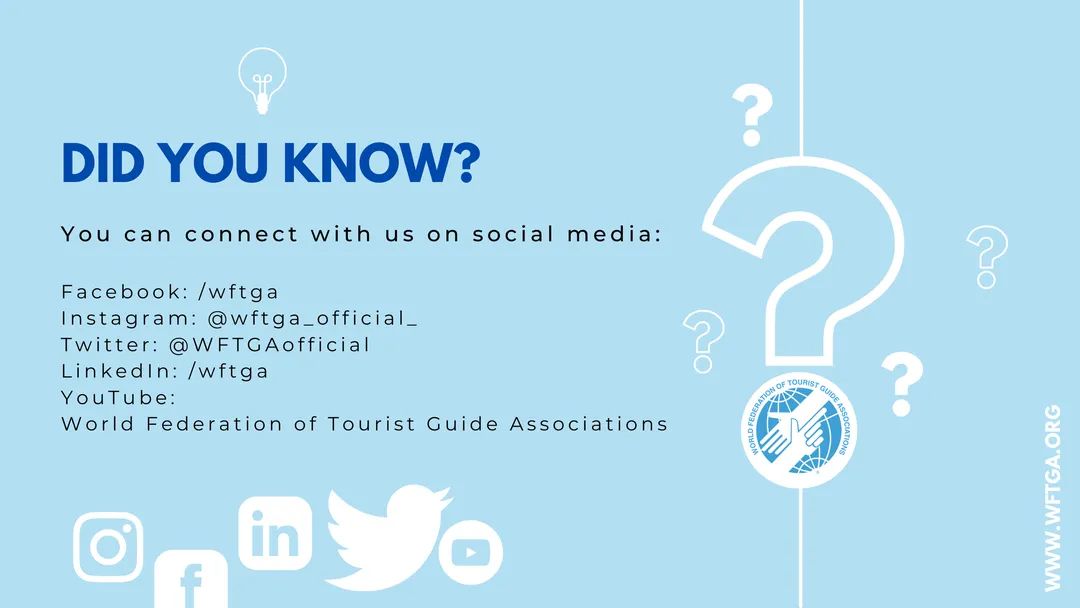 WFTGA 'DID YOU KNOW?' Series...
Through this series, we will be sharing brief inserts about WFTGA.Remember to share these with your members!
#WFTGADidYouKnow #WFTGA #touristguides #WFTGAmembers