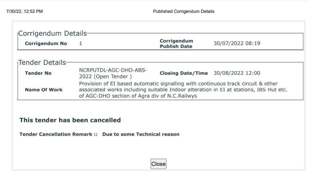 Railwhispers's tweet photo. #Cancelling this #tender further proves their wrong doing as they realised that prematurely in connivance with #contractor issued the tender & now exposed including #MSDAC in #WorksTender just in 24 hrs after issue of new Policy.
#Policy_Corruption in #Railways
@RailMinIndia #NCR https://t.co/3y9y95NaX4