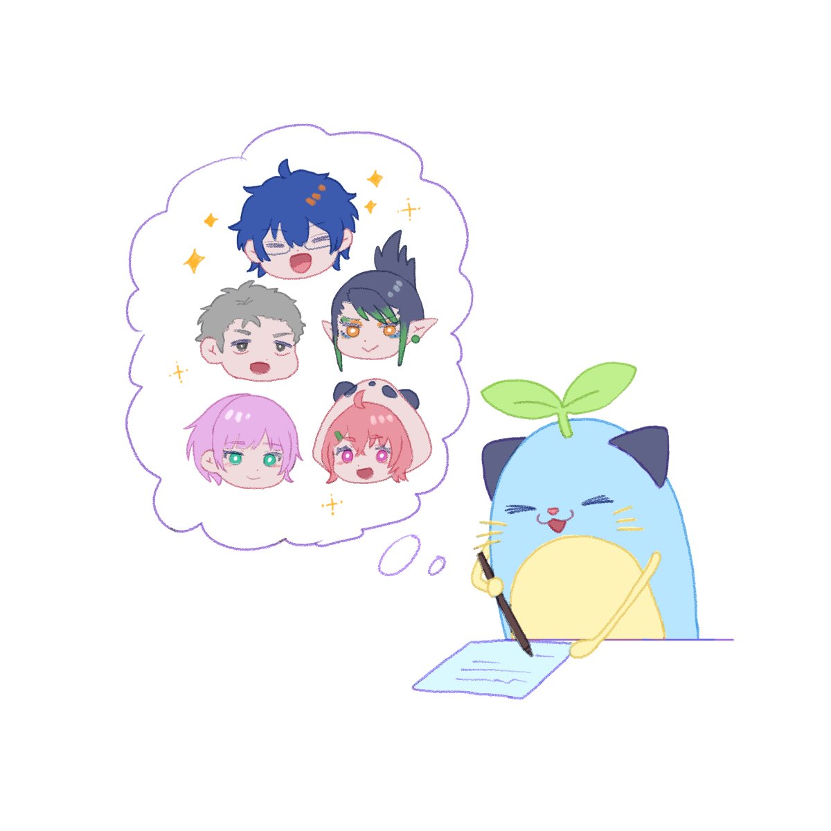 sasaki saku pink hair multiple boys multiple girls smile animal hood blue hair thought bubble  illustration images