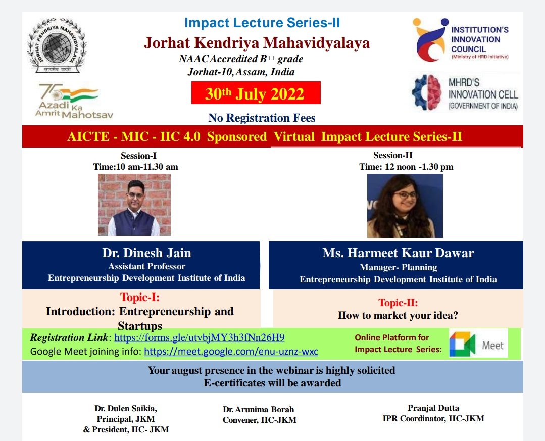 harmeetkdawar's tweet image. AICTE Virtual Impact Lecture Series are going on and I took one session on 'methods & ways to market your idea' with the participants from Dibrugarh University affiliated college. 
@AICTE_INDIA @EDIIAhmedabad
@DibrugarhUniv @mhrd_innovation 
#ImpactLecture
#Entrepreneurship