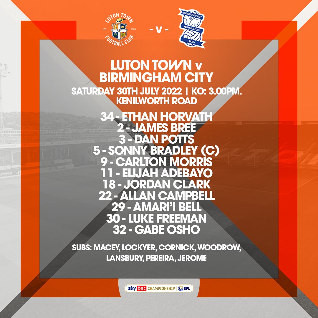 LutonTown's tweet photo. Team news has 𝐥𝐚𝐧𝐝𝐞𝐝! ✈️

Here's how we line-up to face Birmingham City this afternoon 👇

#LUTBIR | #COYH https://t.co/GRTsbs6luT