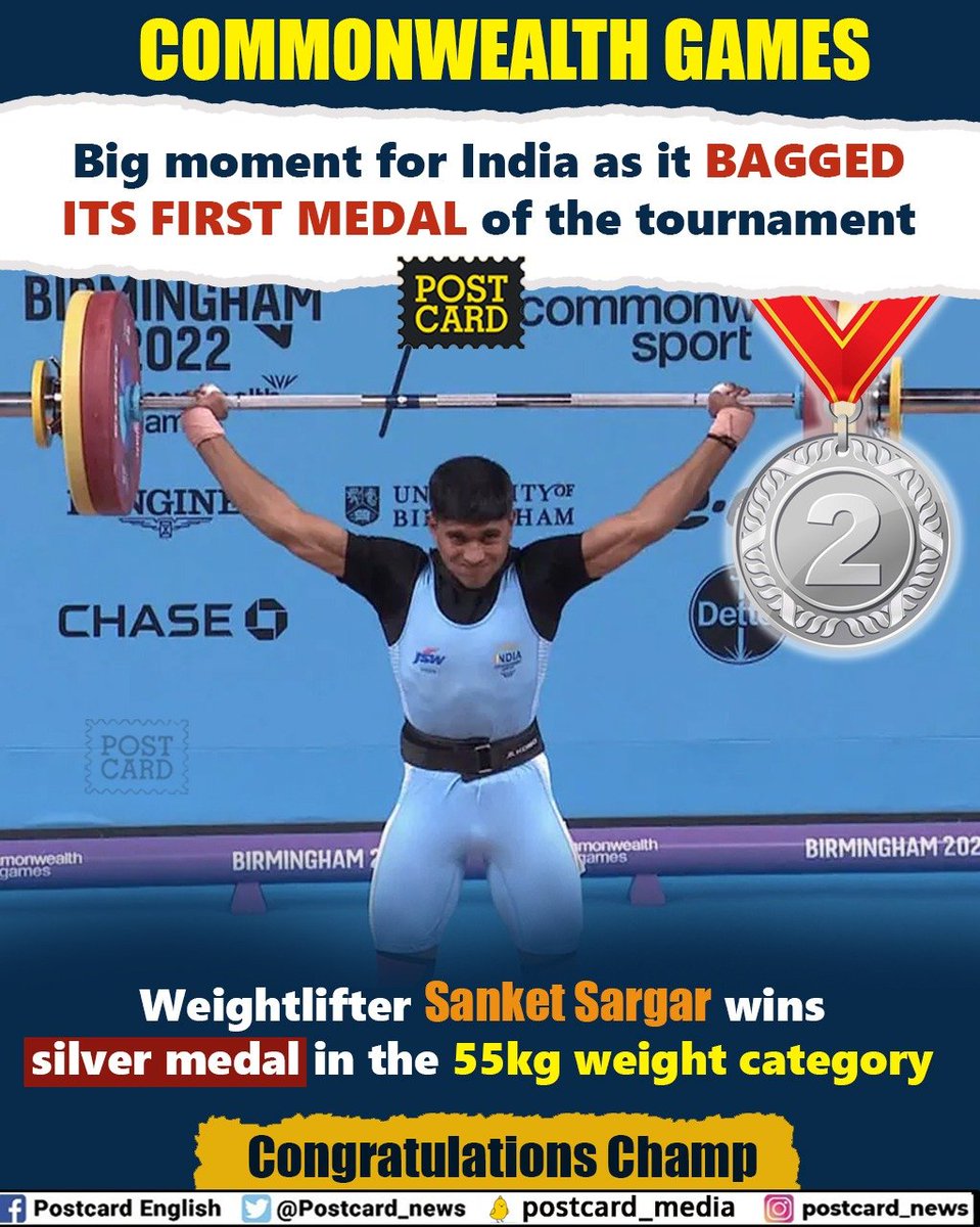 postcard_news's tweet photo. Commonwealth games

Big moment for India as it bagged its first medal of the tournament

Weightlifter #SanketSargar wins #silvermedal in the 55kg weight category

#Congratulationschamp https://t.co/wNRPMZ9JYc
