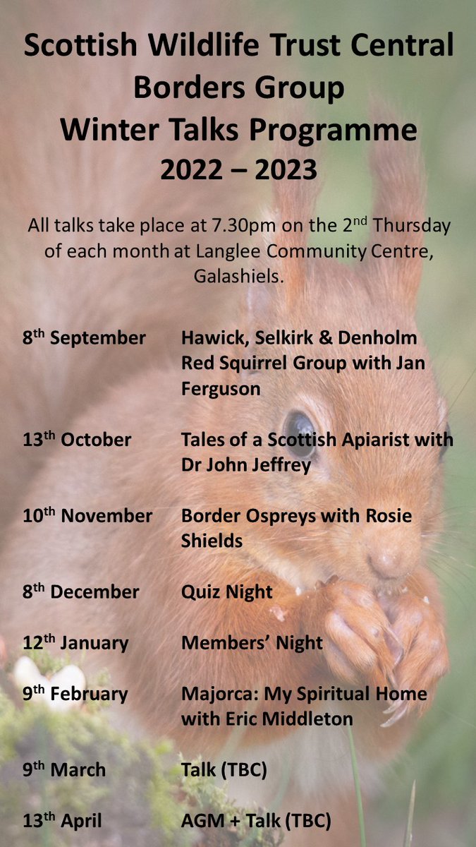 DATES FOR YOUR DIARY!!!!
We're pleased to announce that our programme of winter talks will return to Langlee Community Centre in September. Here is a sneak peak at the talks we have coming up. <a href="/ScotWildlife/">Scottish Wildlife Trust</a> <a href="/BFTWildlife/">Borders Forest Trust Wildlife</a> <a href="/brightgreennat/">BrightGreenNature</a> <a href="/GoWild_Scotland/">Go Wild Scotland</a> @BirdingBorders