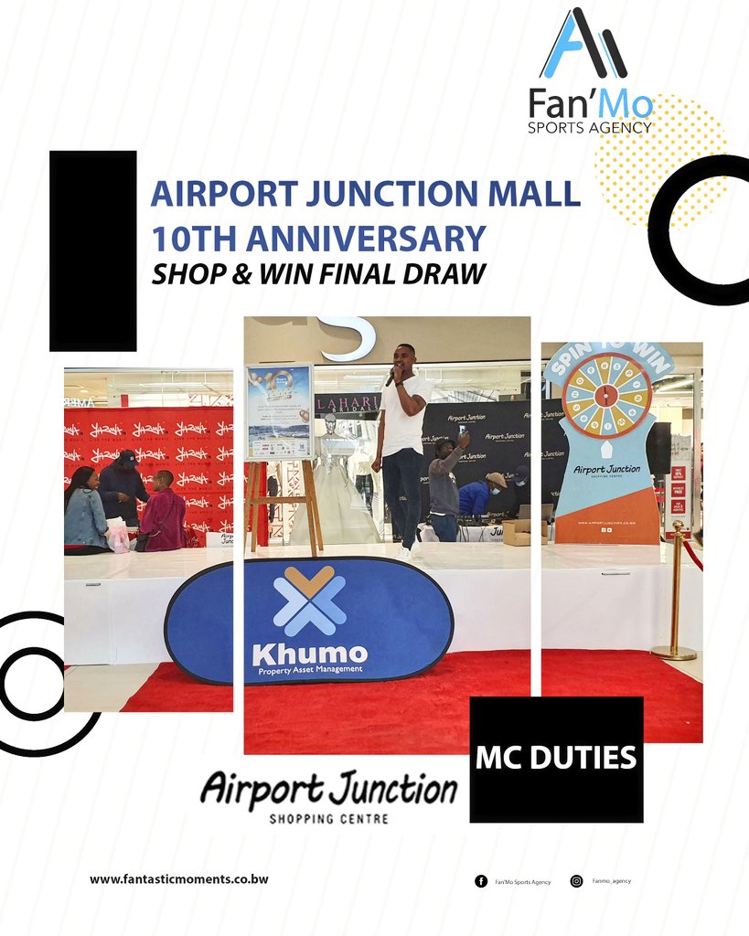 Hey <a href="/Airportjunction/">Airport Junction</a>, thank you for trusting us to direct the  proceedings of the final lap of the 10th anniversary shop &amp; win draw. Lucky customers; Sherly Moshaba won a P2.5k shopping voucher and the biggest winner Ruth Zikhale with a P10k shopping voucher.
#FanMoSportsAgency
