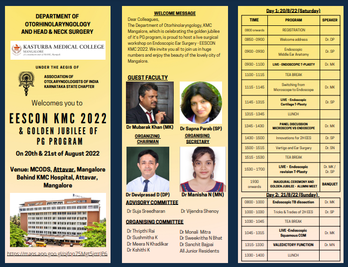 entkmcmlr's tweet photo. EESCON KMC 2022 - LIVE surgical workshop on Endoscopic Ear Surgery on 20th &amp; 21st August 2022. To avail 3 credit points register before 31-07-22.
To register, kindly visit: 
 https://t.co/iXqNzvEMAT https://t.co/Gw2ao1jjCw