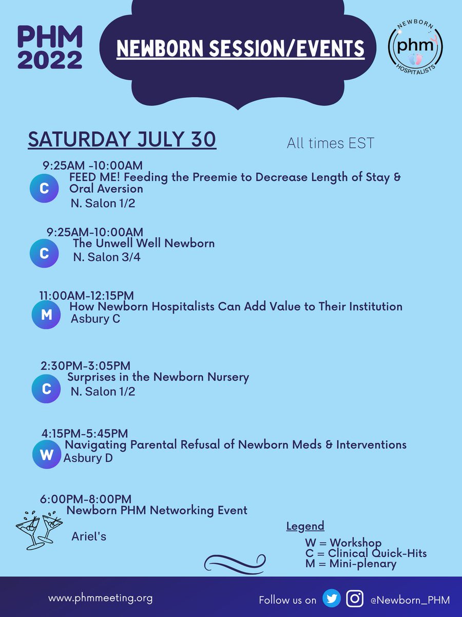 ⭐️⭐️SAT JULY 30 #NEWBORNPHM SESSIONS/EVENTS @PHMConf @DisneyParks @communityphm @qPHM @WiPHM ✅ CQH: Feed me! ✅ CQH: Unwell well 👶🏽👶🏼👶🏾 ✅ M: Value of #NewbornPHM ✅ CQH: Nursery surprises! ✅ W: Parental Refusal ✅ 6pm: Networking Event! 👨‍⚕️👩‍⚕️👩🏽‍⚕️👨🏿‍⚕️ 👀 you there!