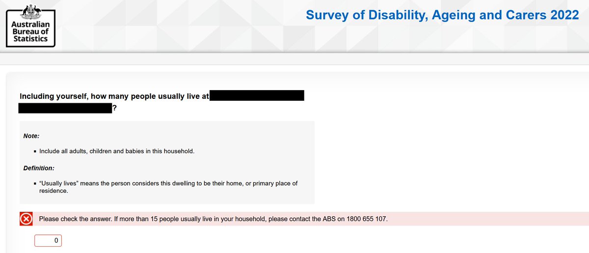 pseudobacon's tweet photo. @ABSStats I got sent a survey to an address which I don't live here anymore. Therefore the answer is 0. But the phone number provided on the contact page (+61 2 6252 8614) doesn't work and there don't appear to be any other contact options? https://t.co/s7eLCi1Qvm