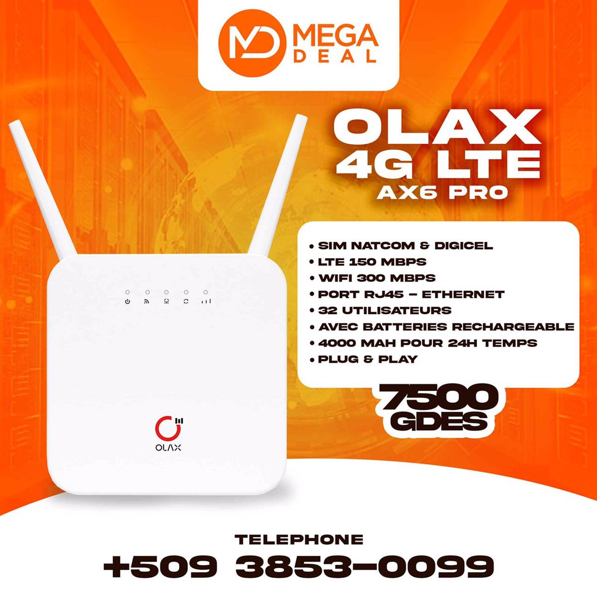 EliassaintDany's tweet image. Routeur #Olax CPE 4G LTE #Professionnel pour#RÉSIDENCES, #UNIVERSITÉS, #ECOLES #BUREAUX #space INFO:3853-0099 SIM - NATCOM | DIGICEL - UNLOCK LTE 150 Mbps WIFI 300 MbpsPORT RJ45 -ETHERNET 32 UTILISATEURS AVEC BATTERIES RECHARGEABLE 4000 mAh POUR 24H TEMPS AUTONOMIE PLUG &amp;amp; PLAY