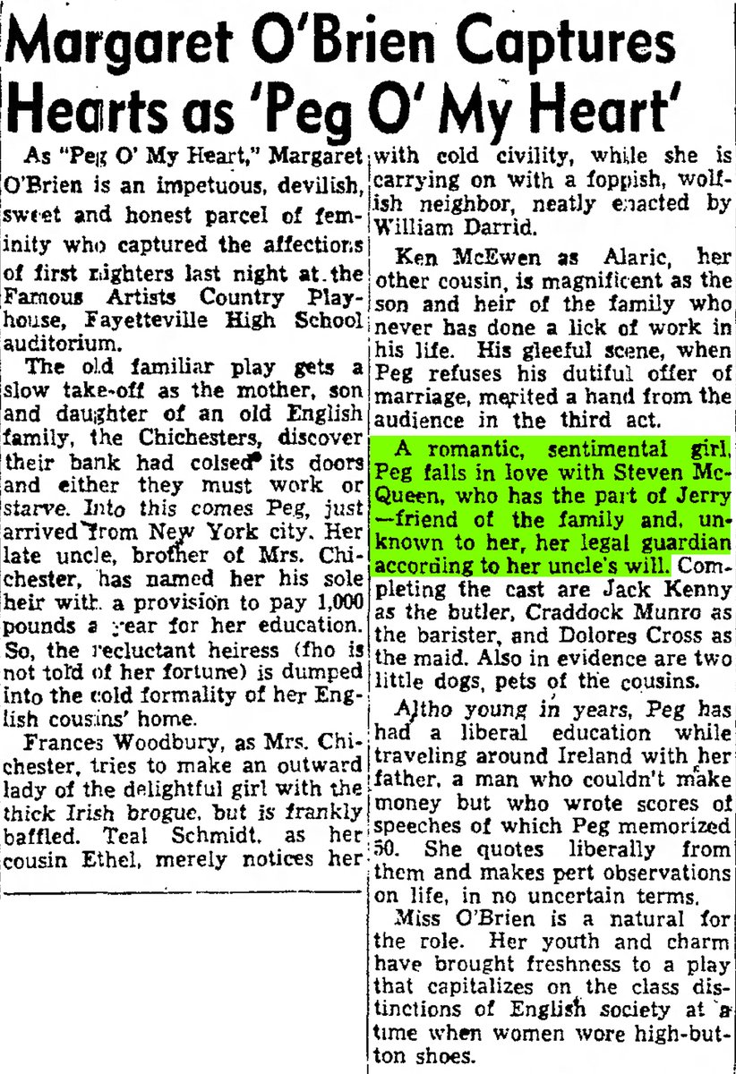 'Steven McQueen is ingratiating'
As far as I know, this is the earliest press for Steve McQueen, mentioning his performance in an upstate NY summer stock play called PEG O' MY HEART, in which he played opposite Margaret O'Brien. Clippings are from June/July 1953 #SteveMcQueen