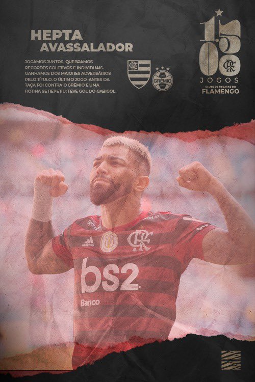 Flamengo's tweet photo. 90 pontos, 86 gols marcados, goleadas, Vapo, Hoje Tem, Outro Patamar. Vivemos 2019 intensamente, jogamos juntos - e fomos campeões sem estar em campo. O hepta veio dias depois da vitória contra o Grêmio, em novembro #Fla1500 #CRF https://t.co/1PAQR4s0A4