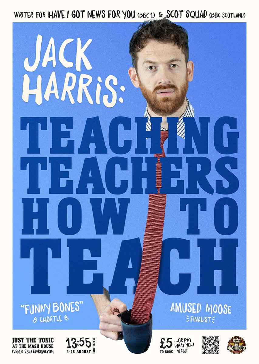 Just under a week til this gets started up in Edinburgh - nothing better for your summer holidays than an hour of nonsense about teaching. Get yourself along!

🎟️ here - tickets.edfringe.com/whats-on/jack-…

📸 - the excellent <a href="/JAMESMSBARBER/">James Barber</a> 
🎨 - the very talented Patrick Turpin