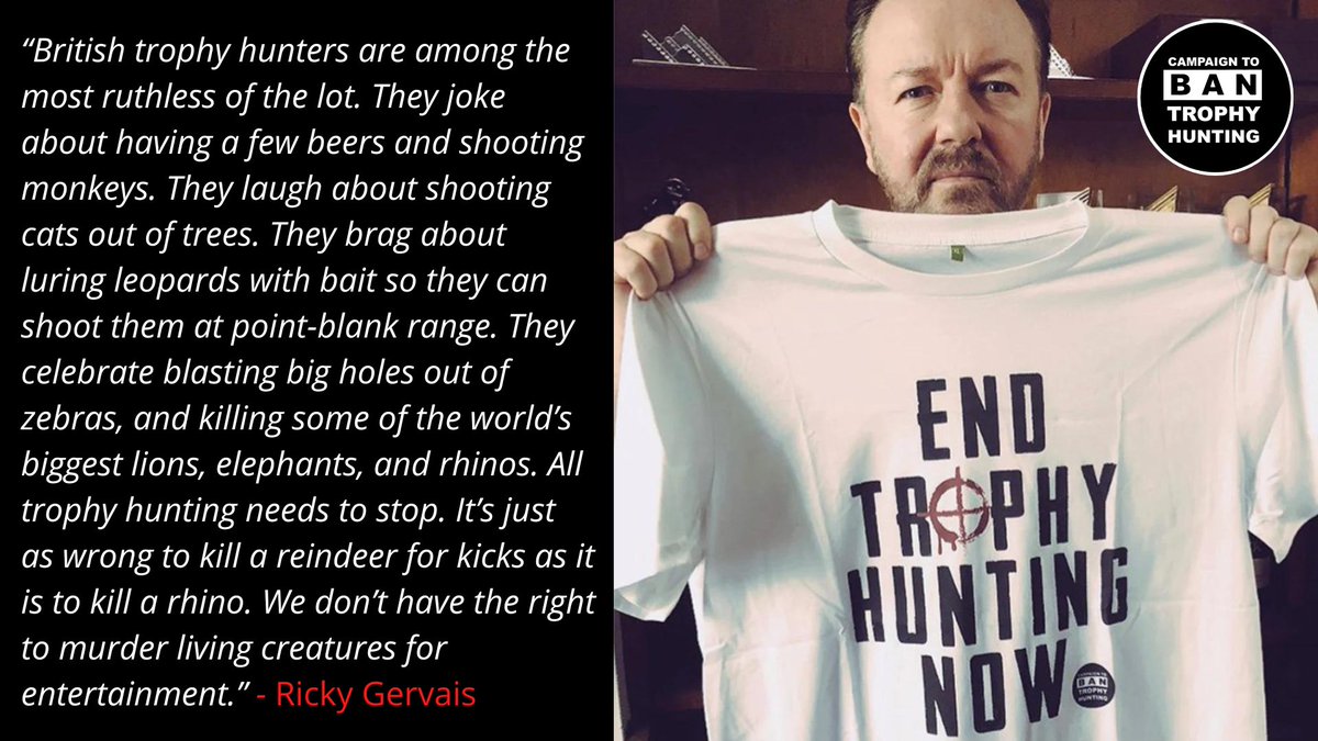 CBTHunting's tweet photo. Ricky Gervais supports the Campaign to #BanTrophyHunting.

Let’s end this cruel practice for good! →
https://t.co/tU1NG7EzDs 

#GetTheBanDone #BanTrophyImports #RememberCecil https://t.co/1RdNEmVUeV