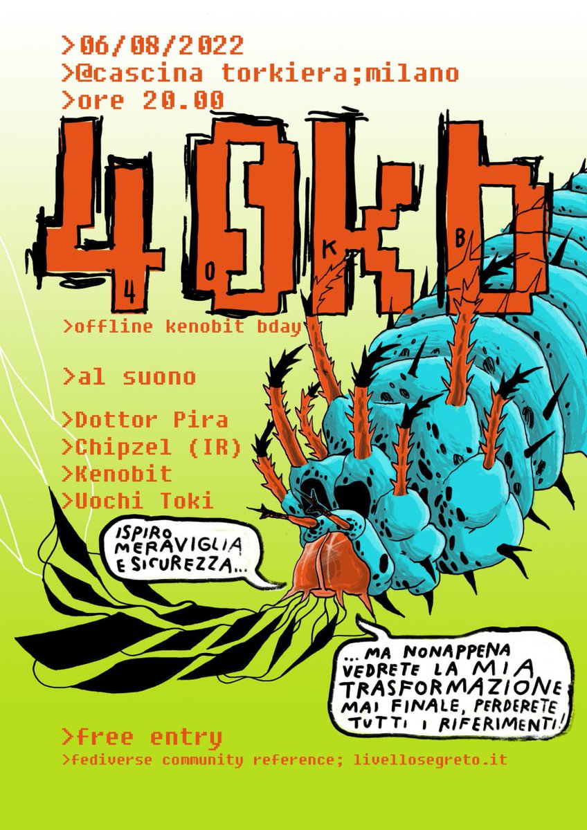 English announcement!

I'm turning 40! To celebrate, I organized a free show in Milan, with <a href="/chipzel/">chipzel</a>, <a href="/UochiToki/">Uochi Toki - Hacked Profile</a>, <a href="/dr_pira/">Dr.Pira</a> and me.

Everyone is invited.