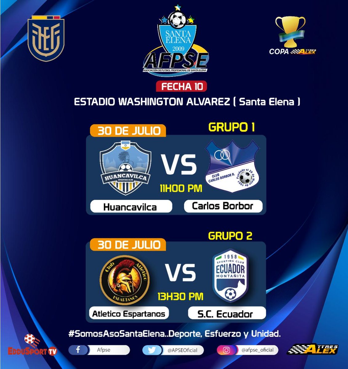 Programación de la Última Fecha de la Fase/Grupos en el XIV Campeonato Provincial de 2da. Categoría 2022 - COPA "ÁLEX TYRES"..!! ⚽⚽⚽⚽ 

- Estadio Washington Álvarez, Ancón
#SomosAsoSantaElena...
Deporte, Esfuerzo y Unidad